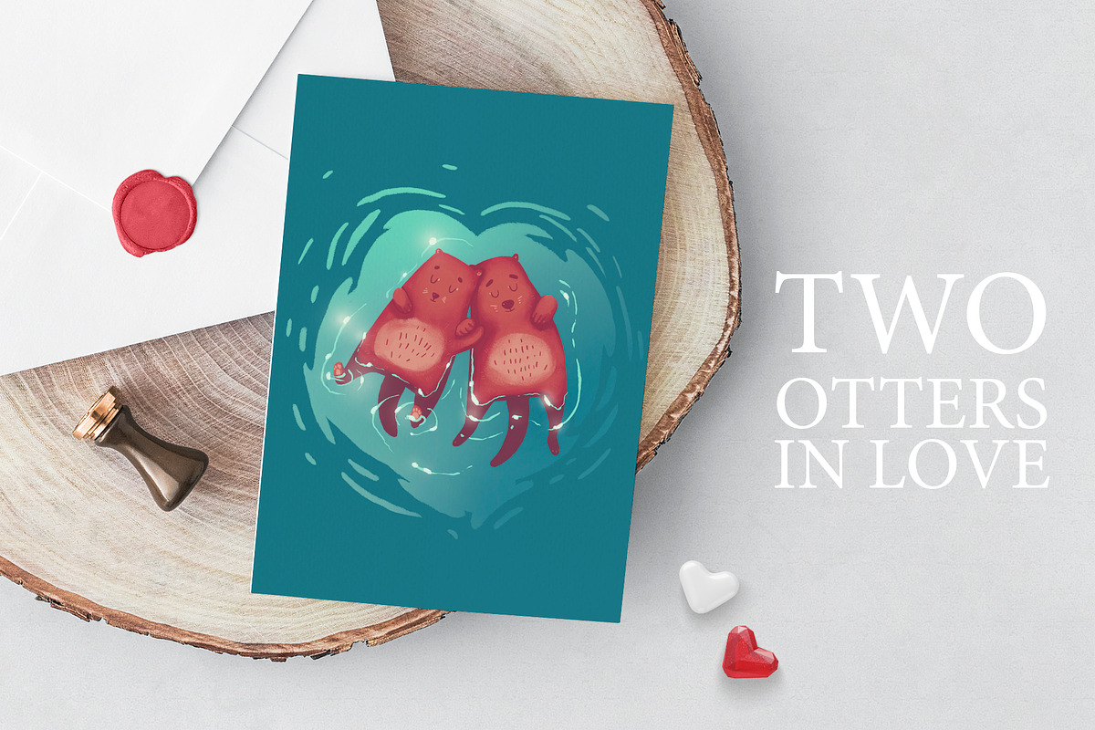 Two otters in love illustration, an Illustration by mamormo