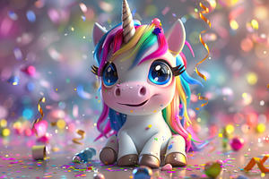 Illustration of cute baby unicorn on blurred confetti background, an Abstract Photo by AlyaAnd