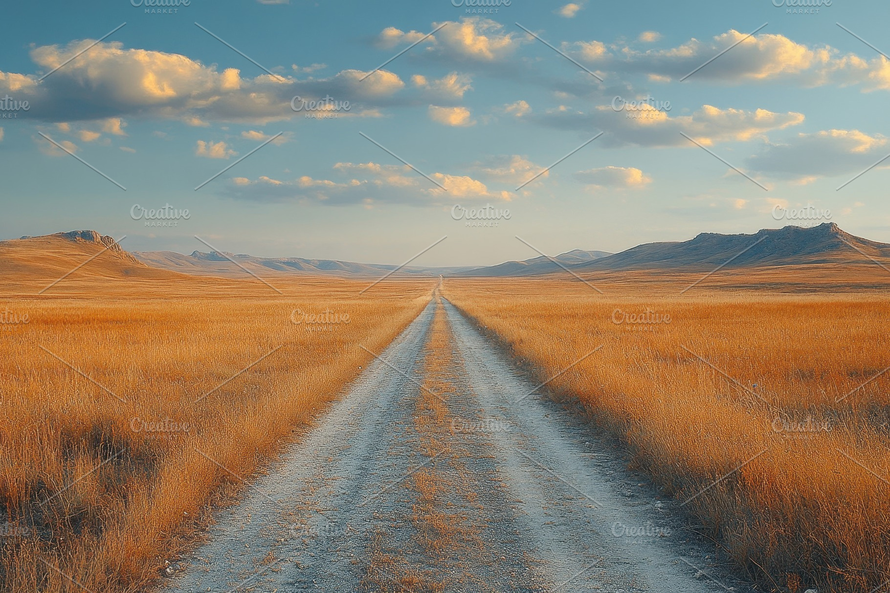 Dirt road stretches through golden p, a Photo by Tanuart