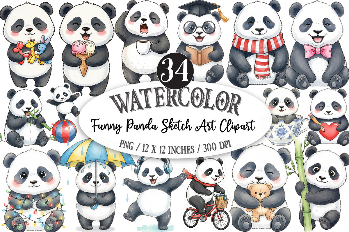Funny Panda Sketch Art Clipart, an Illustration by Designking (Photo 1 of 5)