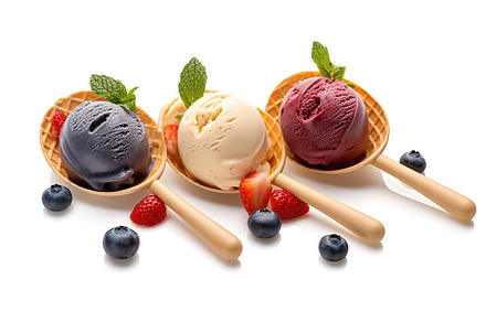 Sweet ice cream balls in spoons with berries. Generative AI, a Food & Drink Photo by AlyaAnd