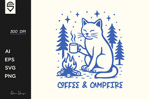 Coffee And Campfire Cat T-shirt, an Animal Illustration by shaondesigns