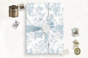 French Blue Botanical Toile Vellum, a Stationery Template by SilverJoyAtelier
