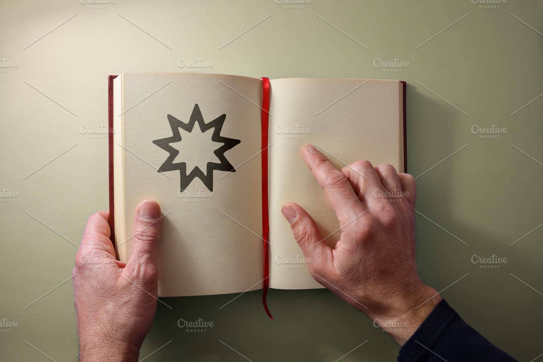 Bahai religious man reading open book on a yellow background, a School & Education Photo by Davizro's Market