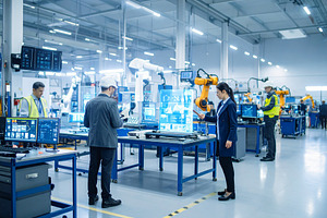 Industrial floor where robotic arms work alongside humans, an Industrial Photo by DanFLCreativo