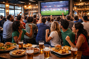 Football fans in a bar cheer for the, a Photo by Dvoevnore photos