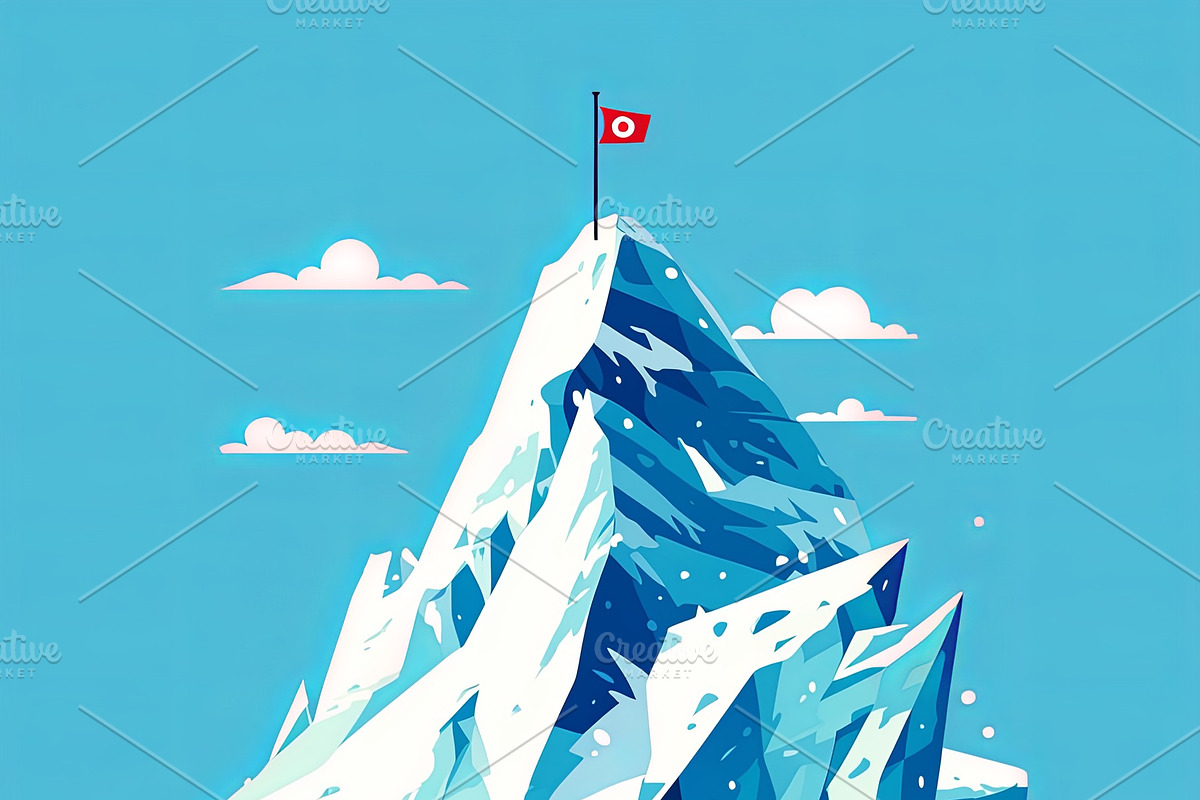 Illustration of an iceberg with its peak marked by a red flag, an Illustration by AS photostudio