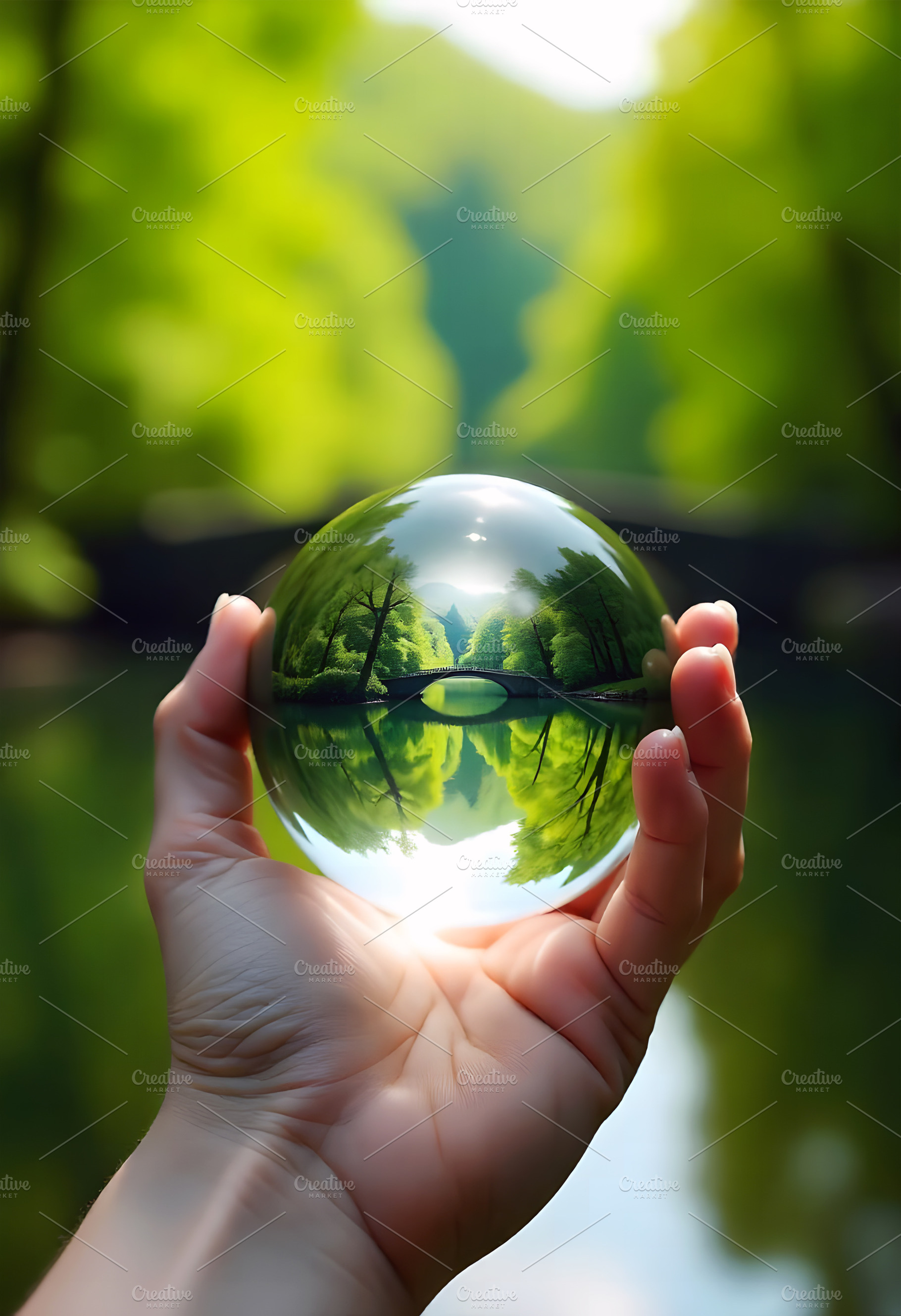 Hand Holding Crystal Ball Reflecting, a Nature Photo by Stock Shape