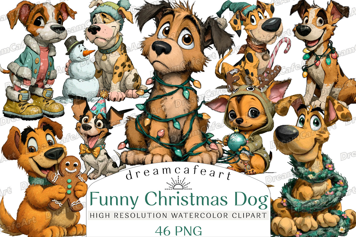 Funny Christmas Dog Clipart, an Illustration by DreamCafeArt (Photo 1 of 8)