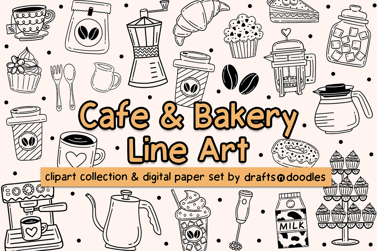 Cafe and Bakery Line Art Graphic Set, a Food Illustration by Drafts n Doodles (Photo 1 of 12)