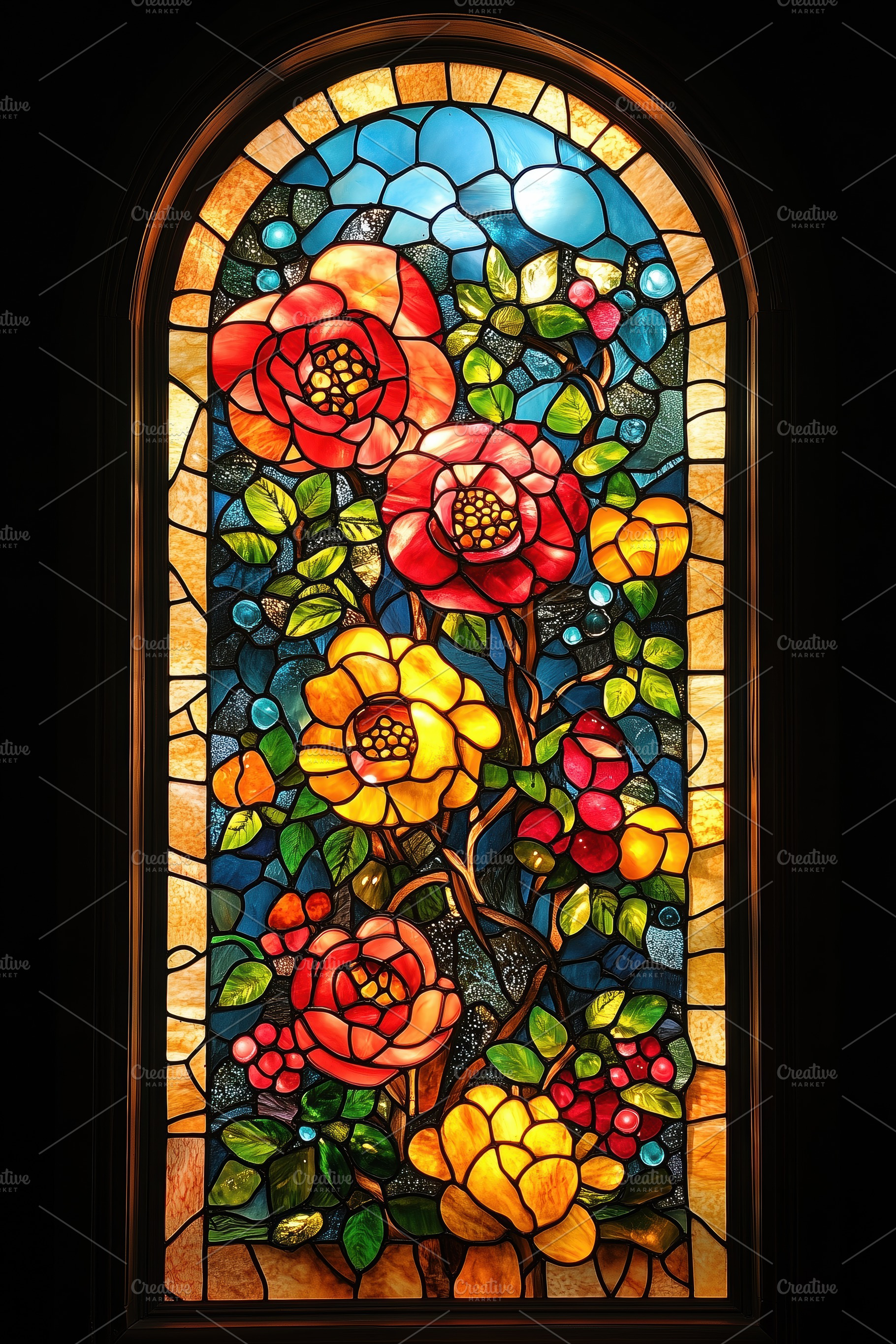 A vibrant stained glass window featuring a variety of colorful flowers, includi, a Person Photo by Textures & Backgrounds