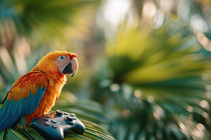 Colorful parrot sitting on a remote-controlled drone in a lush tropical setting, a Photo by AlyaAnd