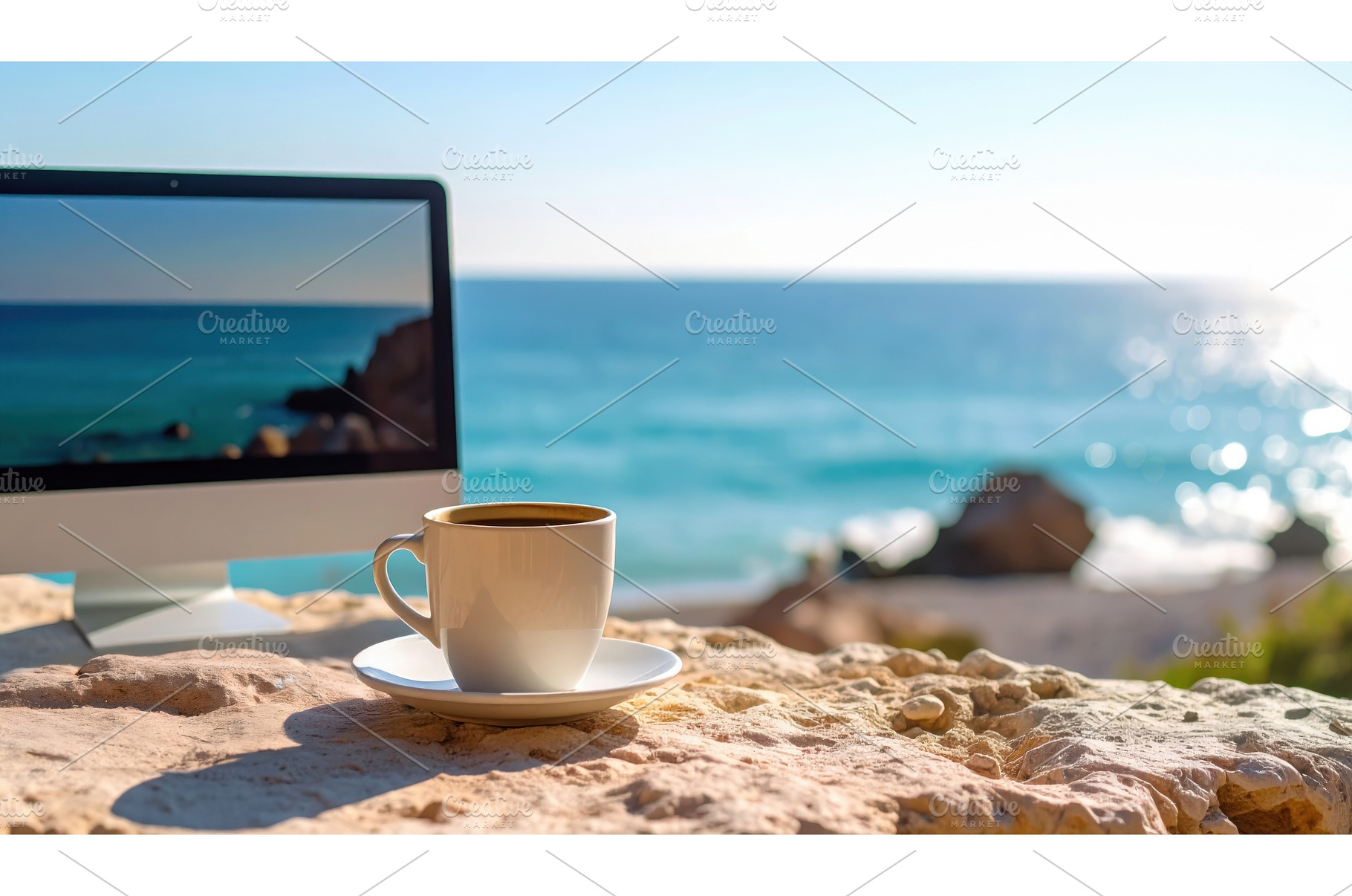 Coffee cup and computer on a rock, a Technology Photo by Igor Tichonow