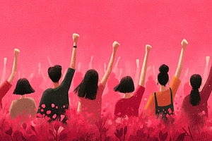 Women raising fists together in a pink protest scene symbolizing, a Person Photo by José Manuel Gelpi