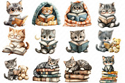 Cute Cat with Book Sublimation png, an Illustration by Watercolor design (Thumbnail 2 of 11)