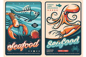Retro seafood posters, a Food Illustration by Vector Tradition