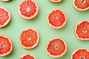 Pattern of ripe grapefruit slices on green background, a Food & Drink Photo by AlyaAnd