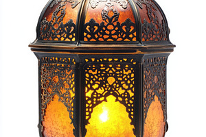 An ornate metal lantern with intricate patterns, casting a warm, amber glow, cr, a Background Photo by ImageMir