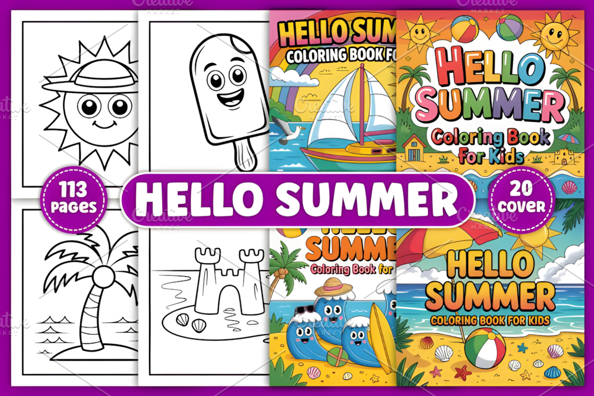 Hello Summer Coloring Pages for Kids, a Seasonal Illustration by Ink Gallery (Photo 1 of 4)