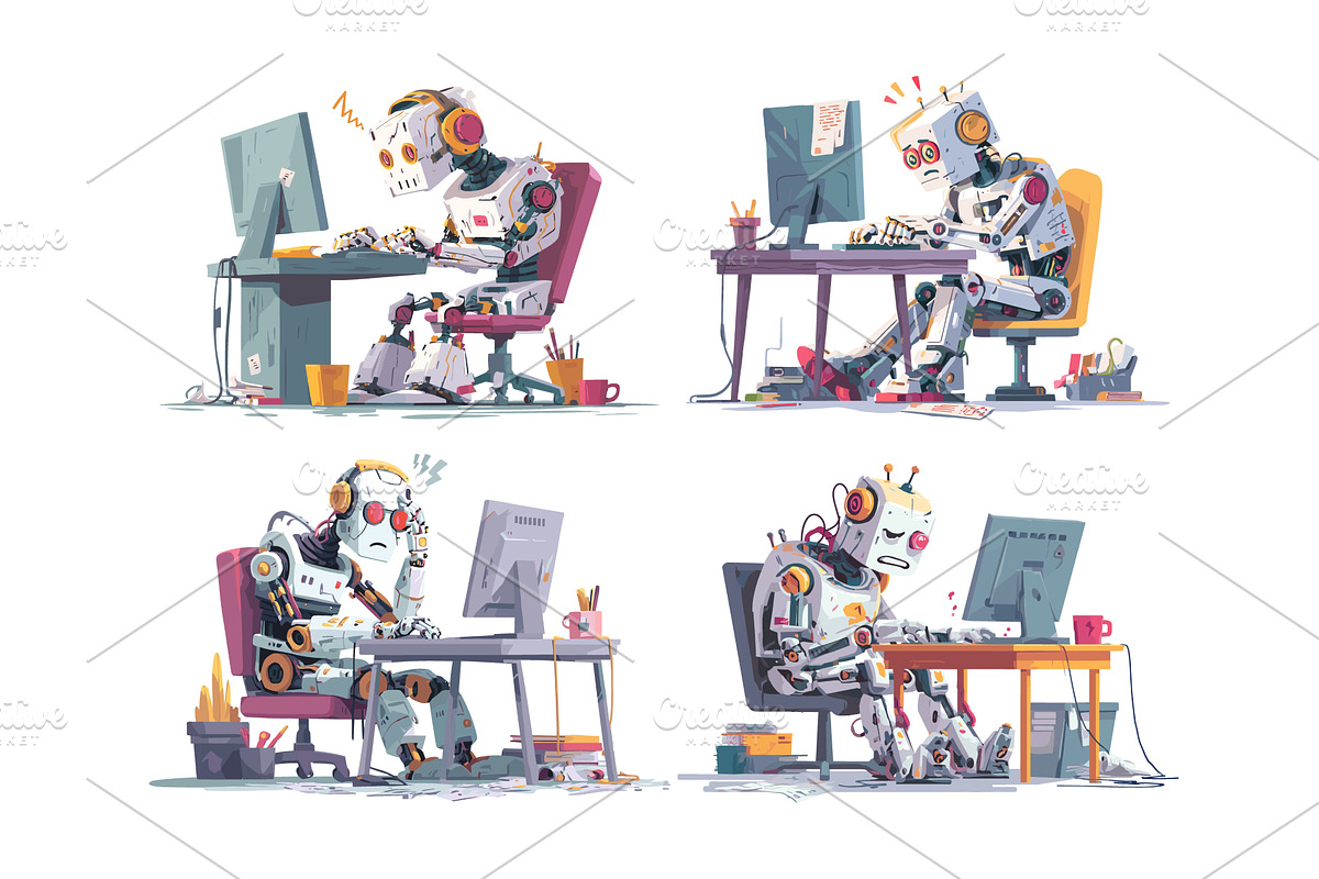 Frustrated robots working on, a Person Illustration by Onyx