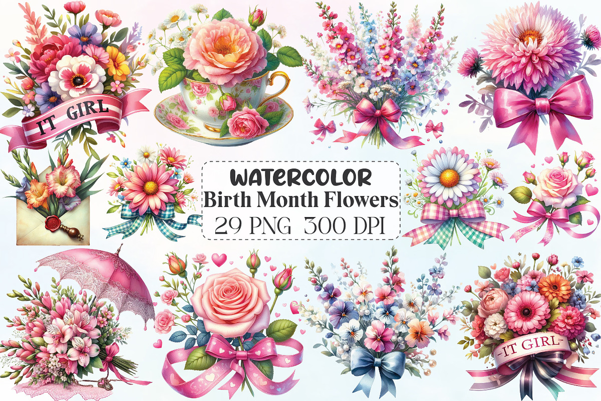 Coquette Birth Month Flowers Clipart, an Illustration by CraftArtStudio (Photo 1 of 6)