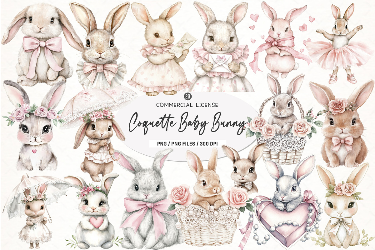 Cute Coquette Baby Bunny Clipart PNG, an Illustration by SinaCreation (Photo 1 of 5)