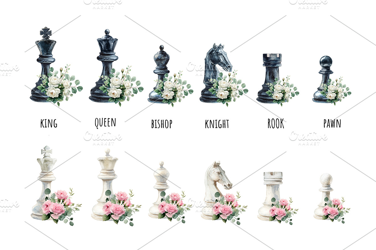 Watercolor floral chess pieces, an Object Illustration by Art and Funny (Photo 2 of 3)