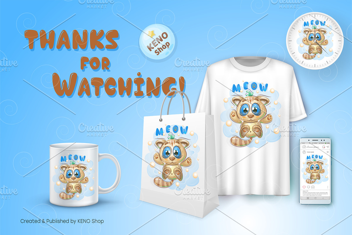 Cute kitten on a cloud. Tshirt, PNG., an Animal Illustration by KENO Mascots (Photo 4 of 4)