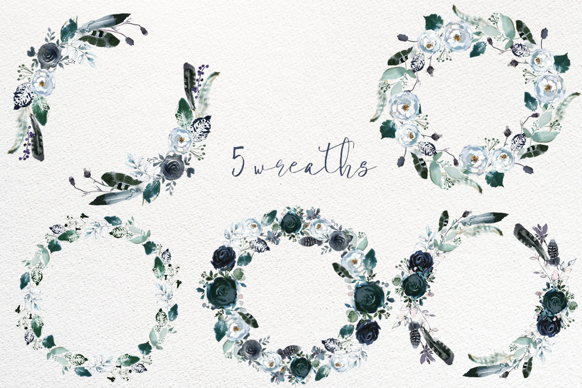 Boho Navy Peony Floral Clipart, a Decorative Illustration by whiteheartdesign (Photo 5 of 9)