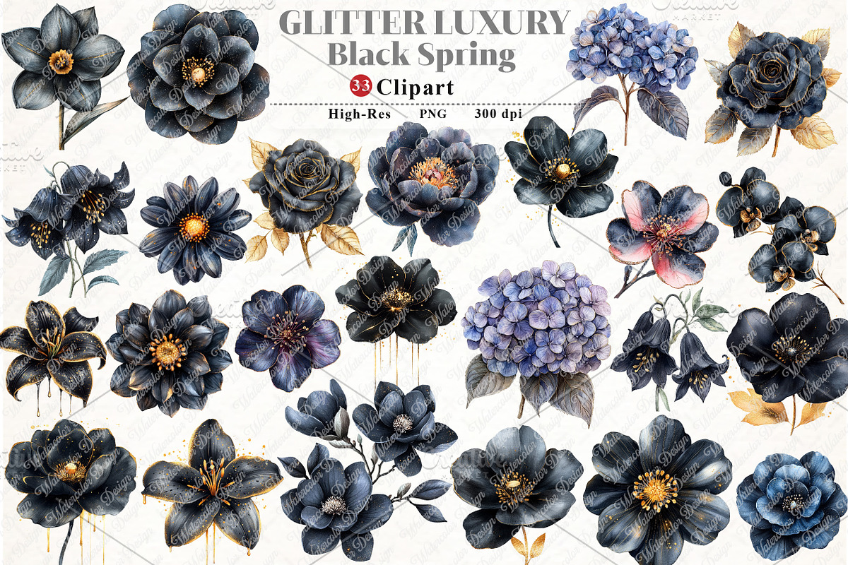 Glitter Luxury Black Spring Flower, an Illustration by Watercolor design (Photo 1 of 12)