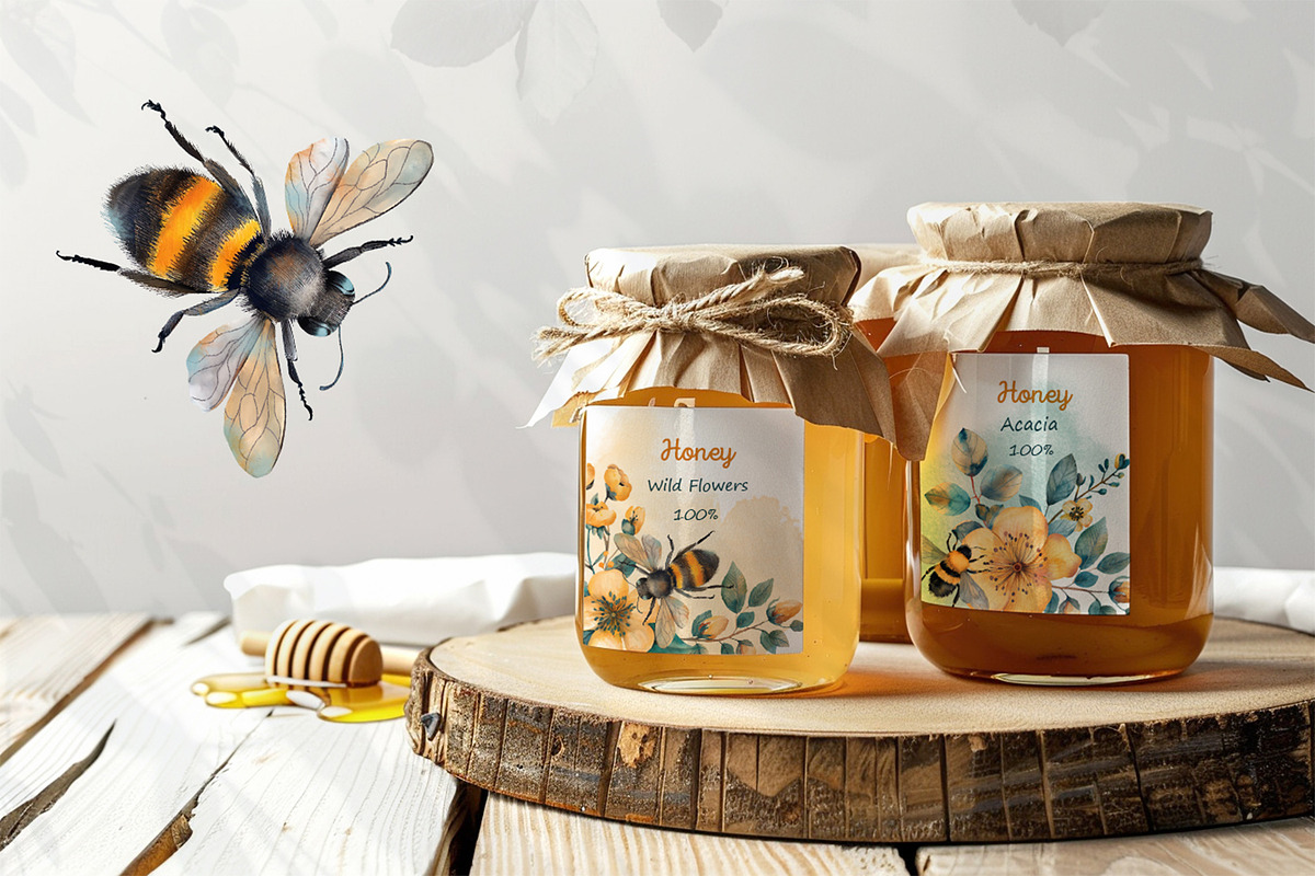 Bees and flowers watercolor clipart, a Seasonal Illustration by Anna Druzhkova (Photo 15 of 17)