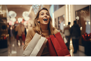 Exited Woman In Shopping Mall