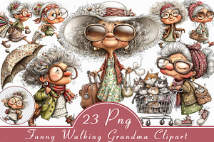 Funny Walking Grandma Clipart, an Illustration by Libby Wishes