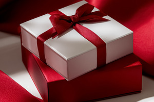 White gift box with red ribbon and bow on red background, repres, a Photo by Studio ANNA