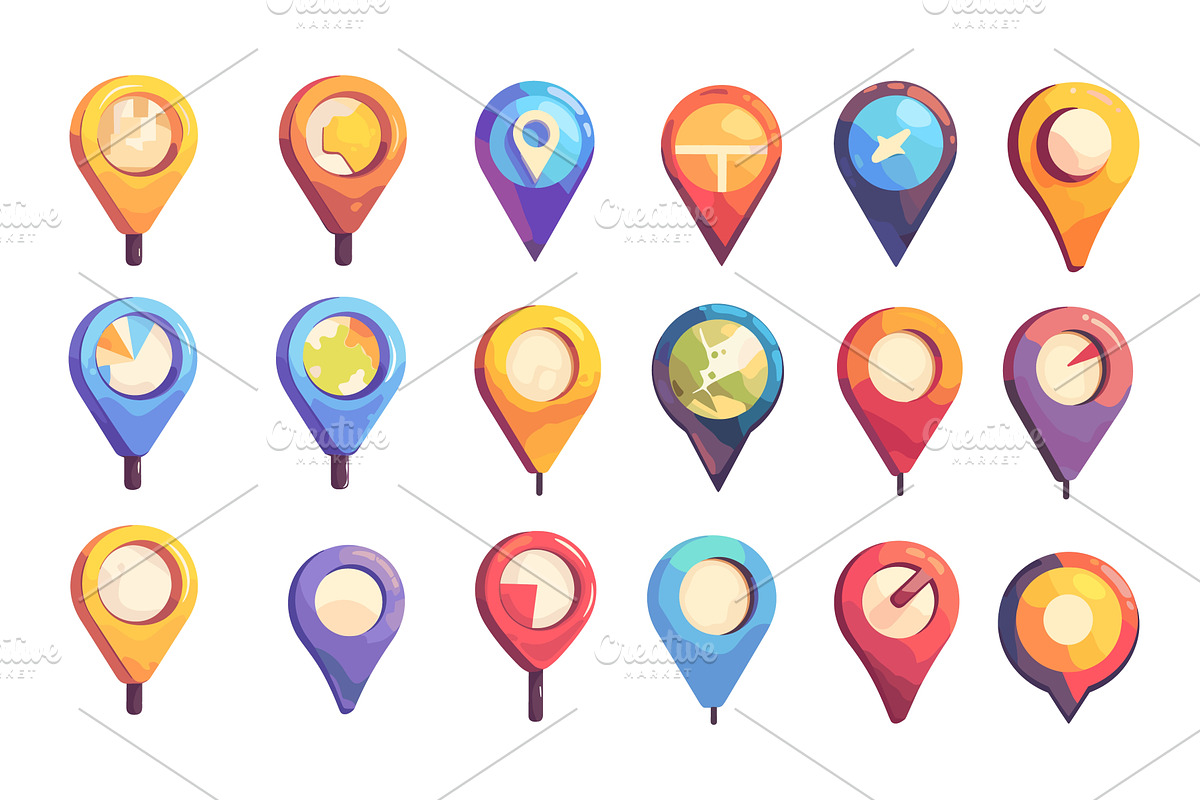 Cartoon location pins. Colorful, an Object Illustration by Stock-Smart-Start