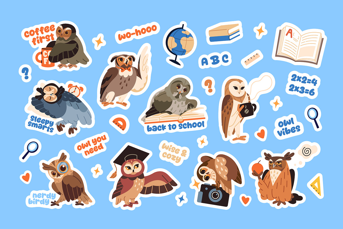 Cute, funny owls sticker pack, an Animal Illustration by PaperTrident