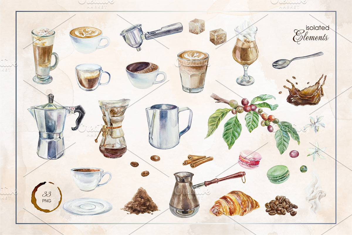 Coffee. Watercolor clip art., a Food Illustration by Farida Bik (Photo 2 of 12)
