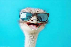 Ostrich wearing sunglasses poses against a bright blue background, an Animal Photo by AlyaAnd