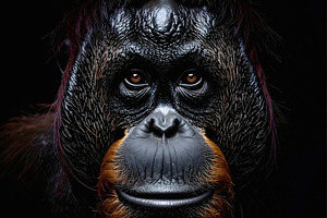 Male orangutan with dark shiny face and intense eyes, an Animal Photo by GoodGoods