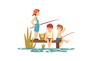 Happy Boys Fishing from Pier into, a Sport Illustration by TopVectors
