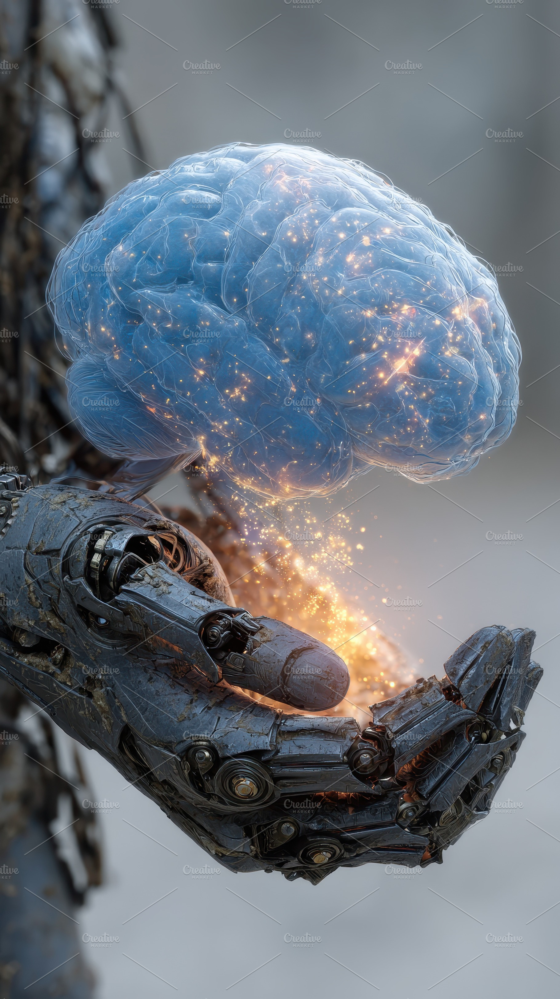Robotic Hand Holding Glowing Brain A, a Photo by Pixeness Studio