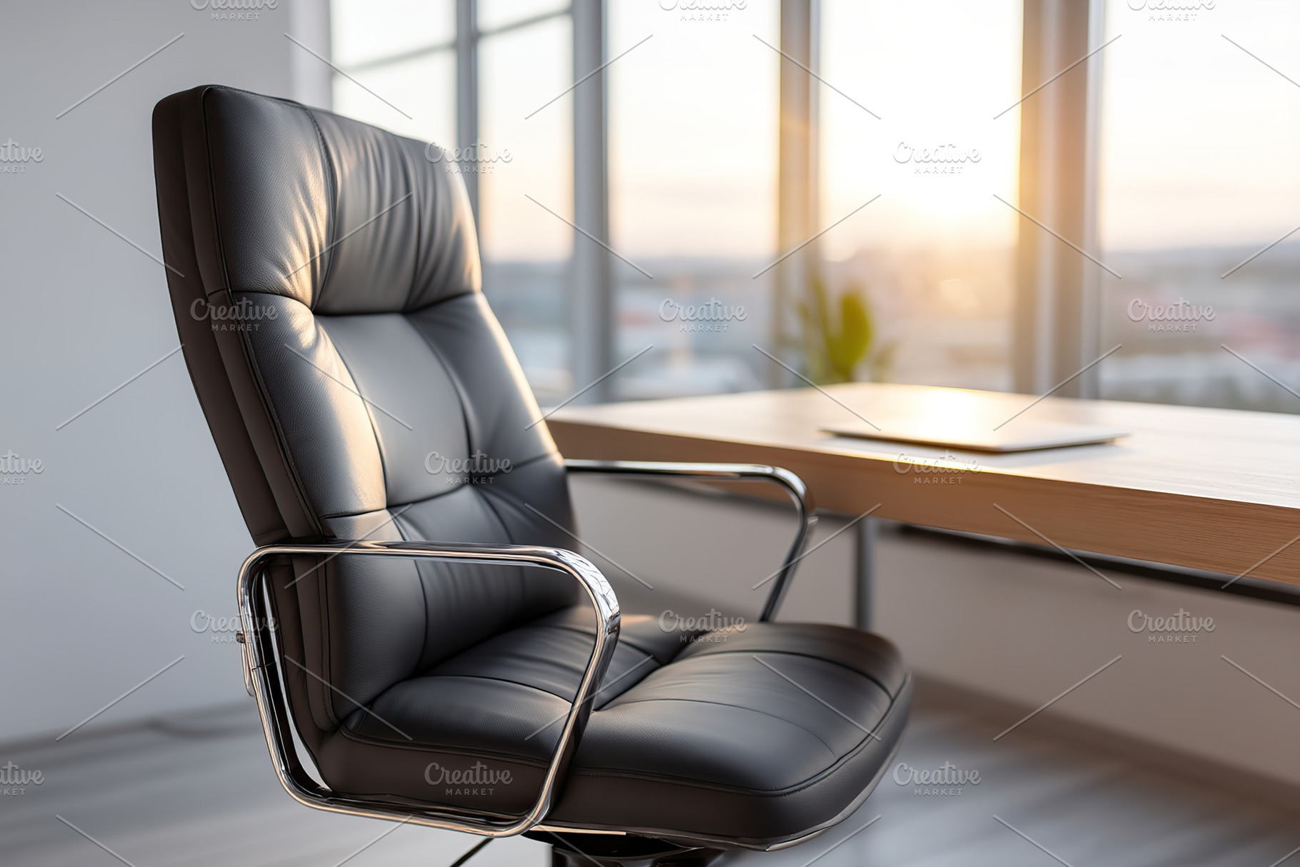 Modern office chair positioned near a large window with sunset lighting in a sl, a Photo by AlyaAnd