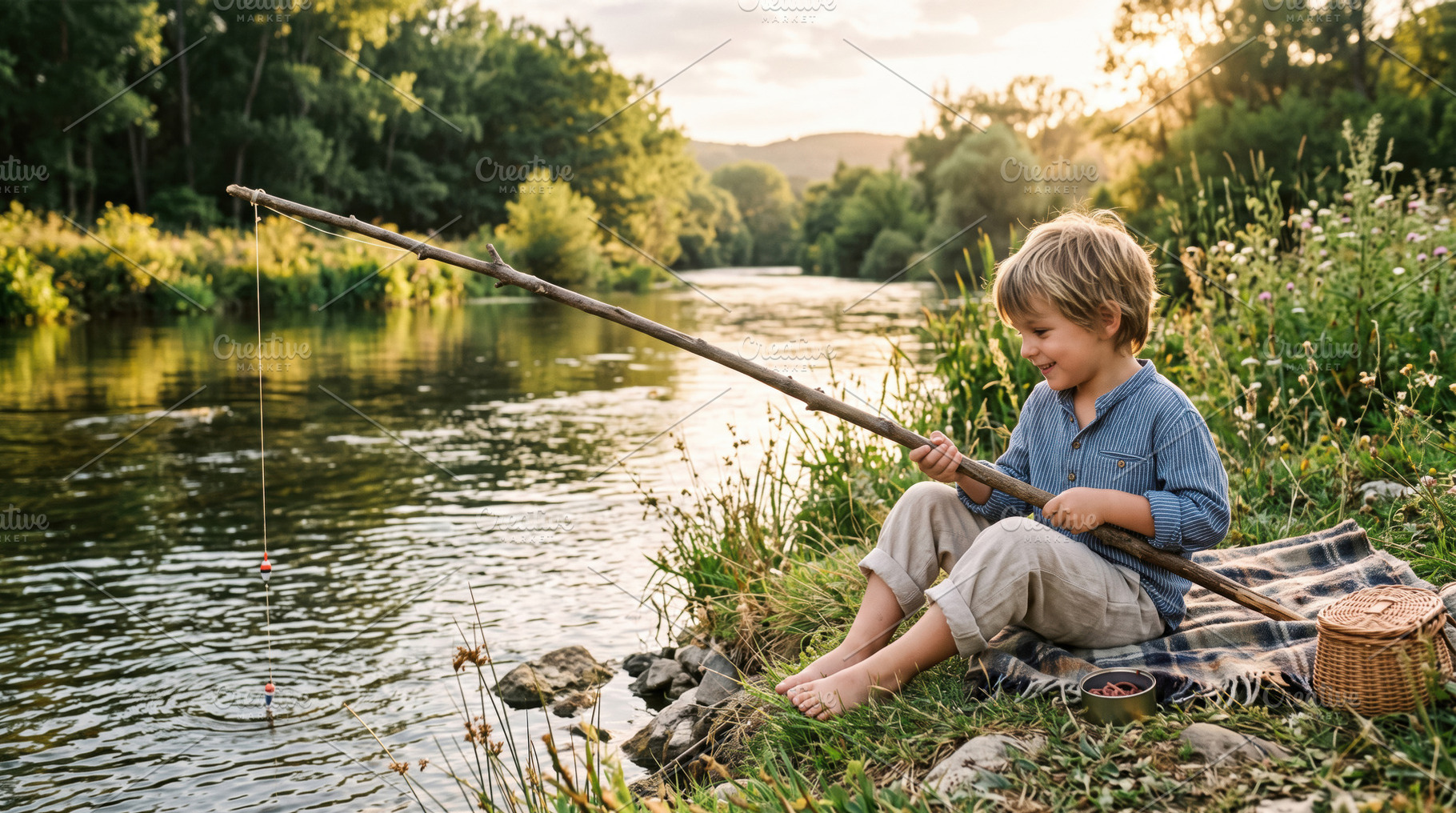 Young Boy Fishing Beside a Peaceful River, a Sports & Recreation Photo by Davizro's Market