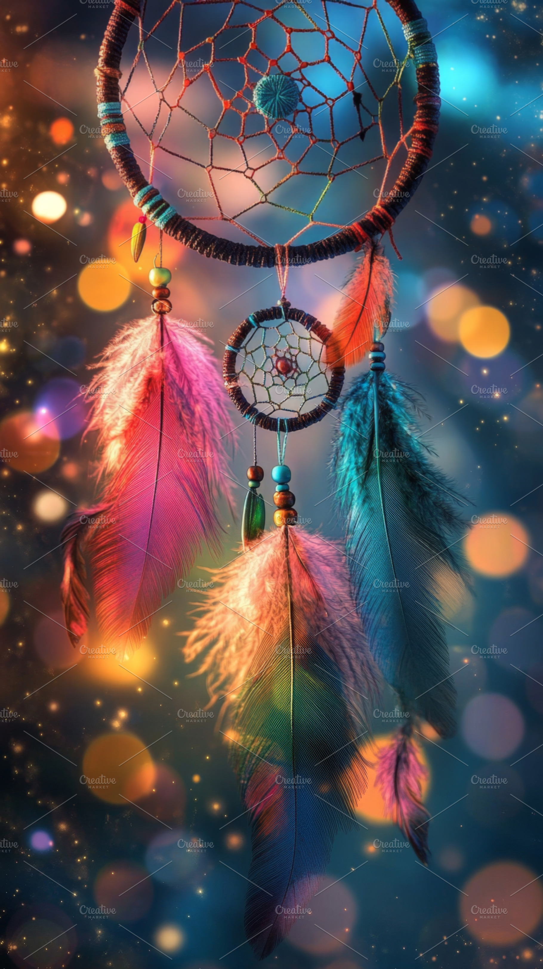 Colorful Dreamcatchers with Feathers and Lights, an Abstract Photo by Natalia Klenova's Shop