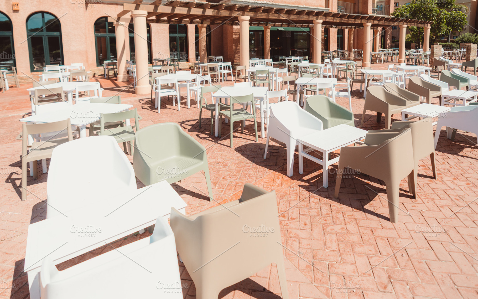 Outdoor resort terrace seating, an Architecture Photo by SkyNext