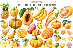 Yellow and Orange Fruit and Vegetabl, an Illustration by designcity5