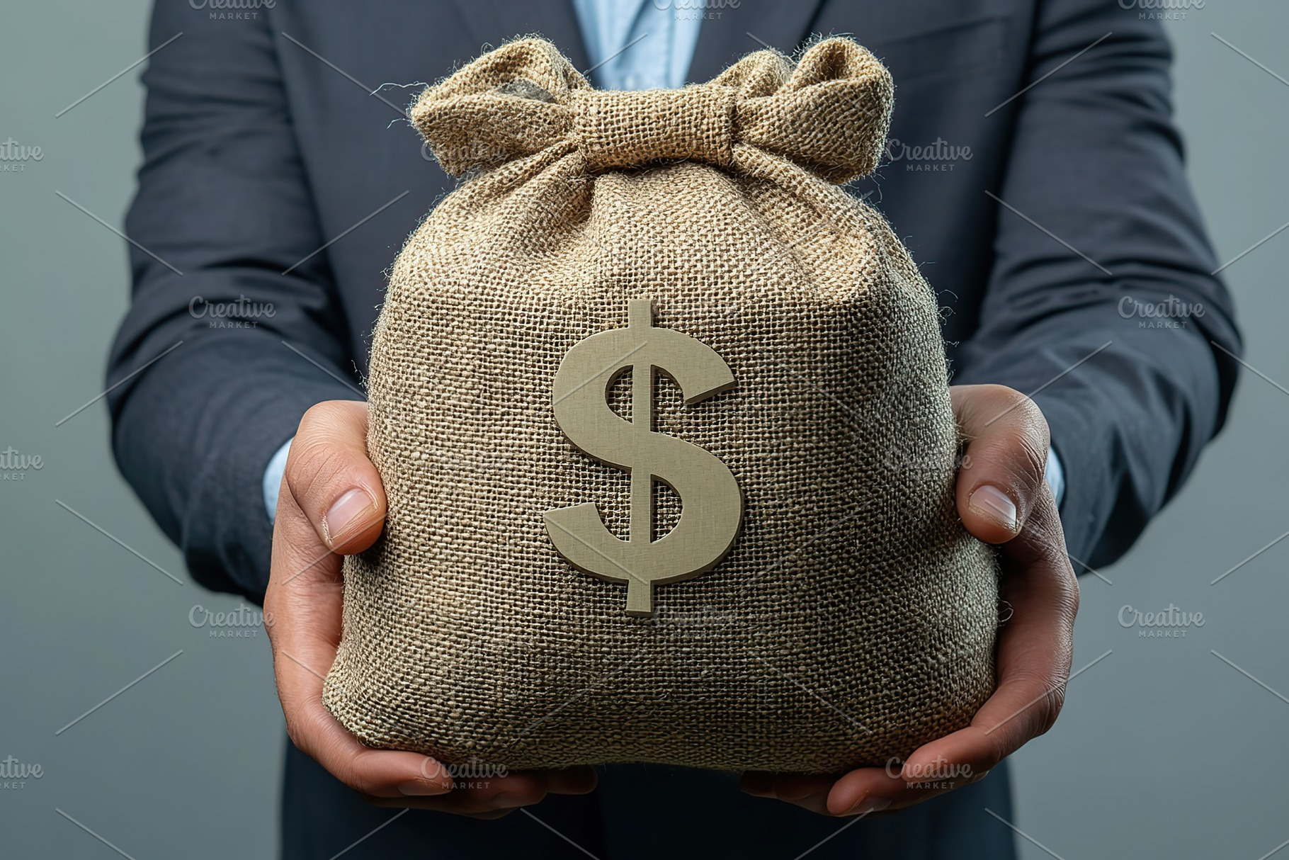 Businessman holding burlap bag with dollar symbol and banknotes on grey backgro, a Photo by AlyaAnd
