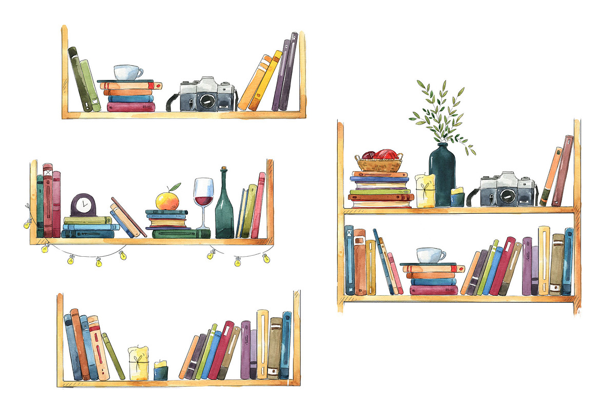 watercolor bookshelf with books set, a Decorative Illustration by Kamenuka (Photo 3 of 4)