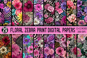 Floral Zebra Print Digital Papers, a Pattern Graphic by SVGArt