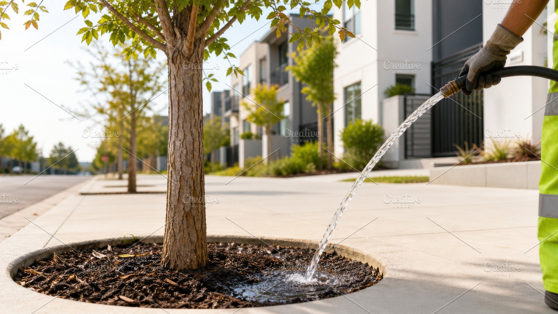 Urban irrigation scene with worker w, a Photo by Dvoevnore photos